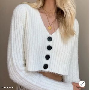 UO Rochelle Fuzzy White Cropped Cardigan knit sweater